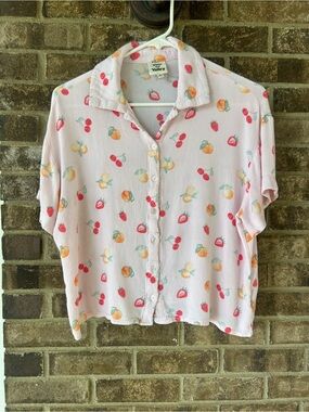 Vine and Valley Fruit Print Soft Cloth Button Front Shirt Pink Cottagecore